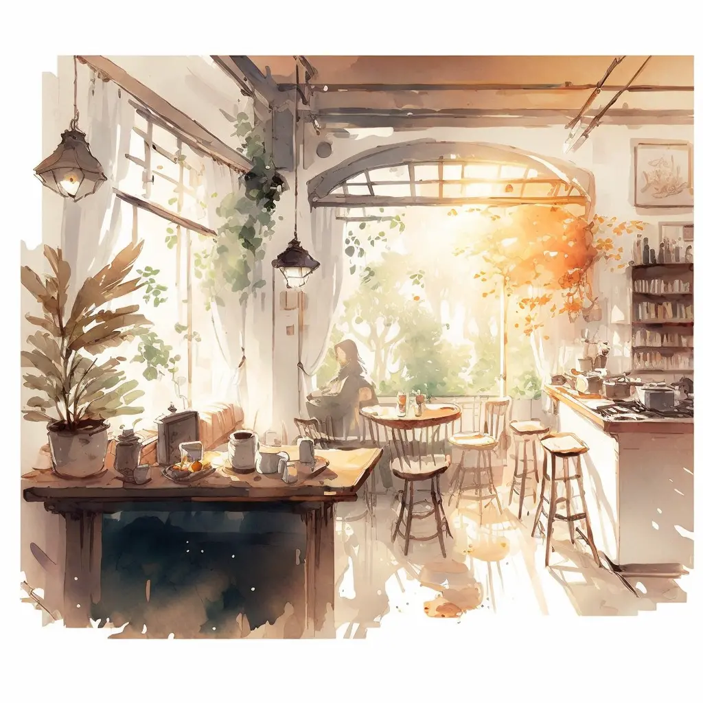 light watercolor, interior of a cozy cafe, bright, white background, few details, dreamy, Studio Ghibli